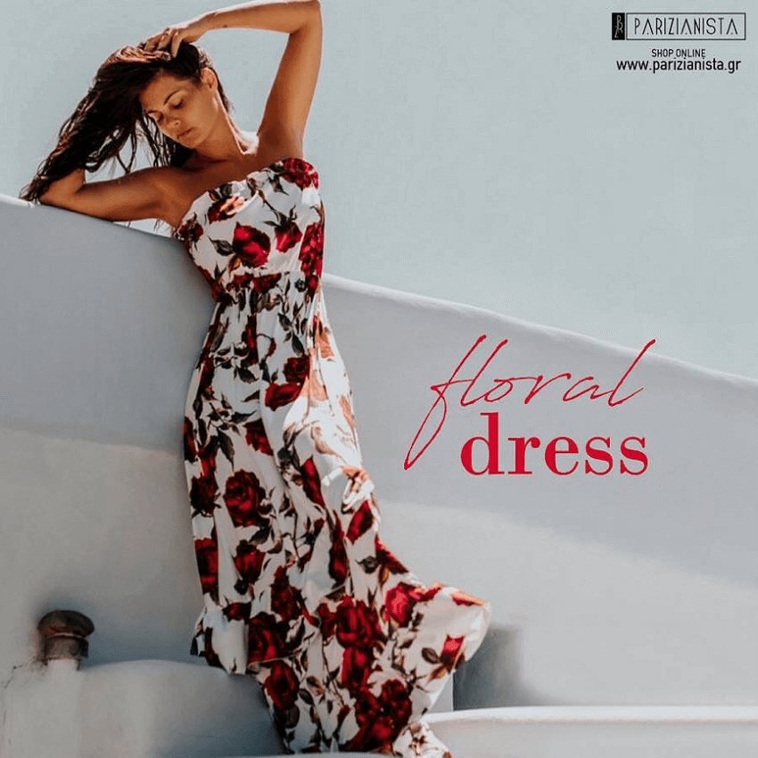 Maria Korinthiou in floral dress for Parizianista.gr | YouBeHero